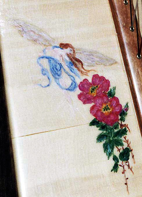 Detail of hand painted fairy on a custom built harp by Glenn J Hill of Mountain Glen Harps, Phoenix, Oregon